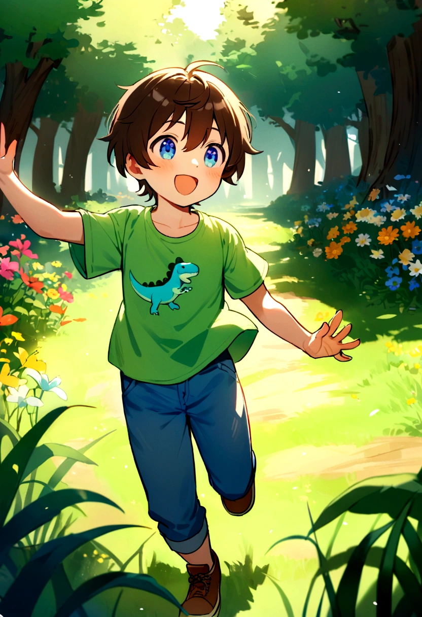 Jack is an eight-year-old boy with tousled brown hair and bright blue eyes. He wears worn-out blue jeans, a bright green t-shirt with a dinosaur on it, and sturdy brown sneakers. Jack is running through a field, his arms outstretched towards a colorful butterfly fluttering just ahead of him. His face is lit up with excitement and joy as he tries to catch the elusive insect. The field is filled with tall grass and wildflowers, swaying gently in the breeze. Sunlight filters through the leaves of nearby trees, casting warm dappled patterns on the ground. In the distance, a quaint village can be seen with its charming houses and winding paths. Jack's playful and energetic spirit is captured in this moment of youthful adventure and exploration.