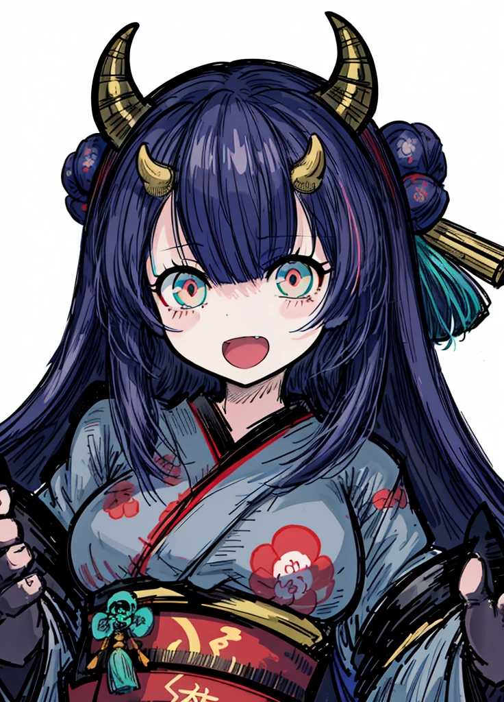 1girl,ocean turquoise hair, Japanese oni, kimono, giant mallet, actiz, noble, elegant, nice clothes, (high resolution, high detail, best quality),
black background, happy, open mouth, cute