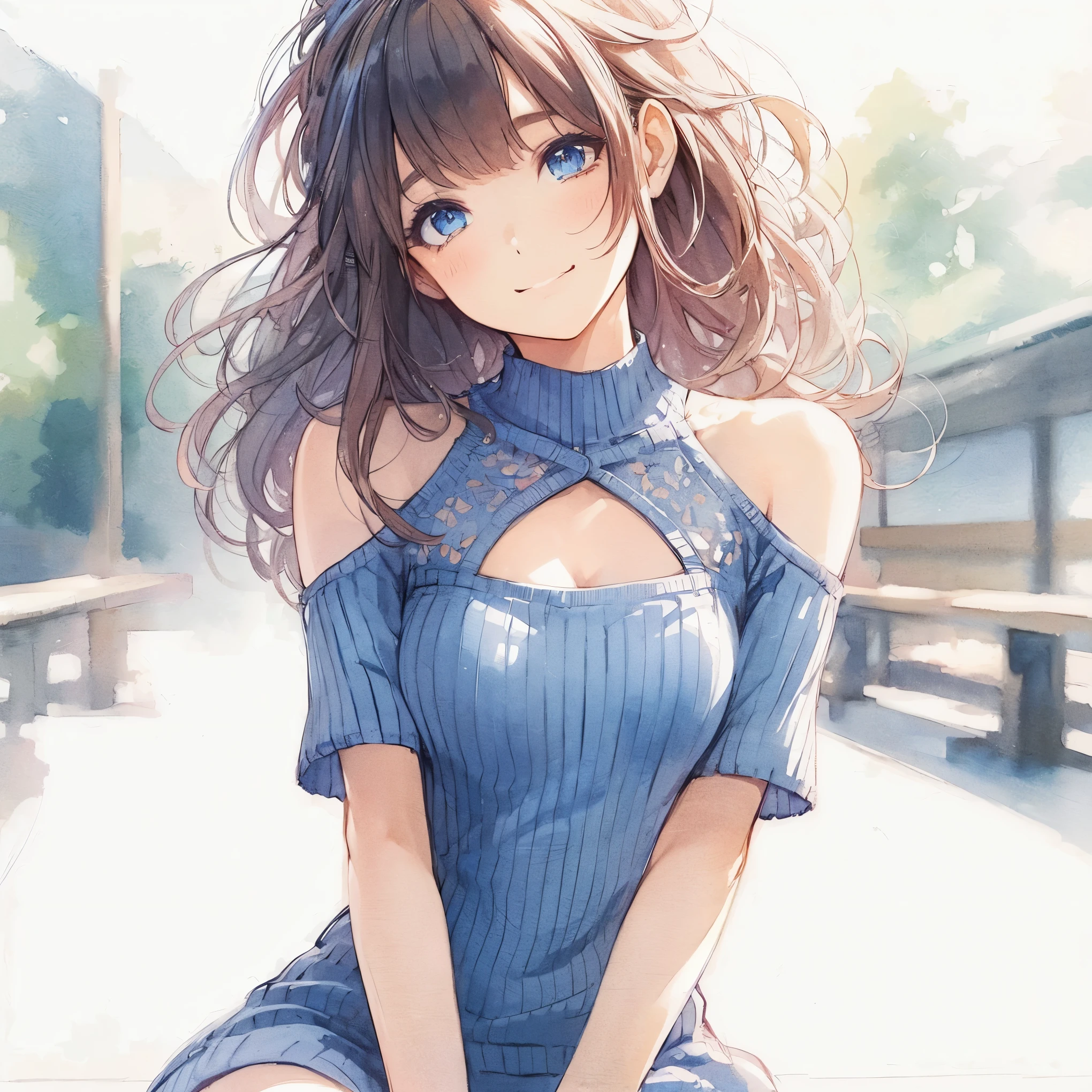 Official art using high-quality hand-drawn watercolor sketch techniques. (best quality,4k,8k,highres,masterpiece:1.2),ultra-detailed,beautiful detailed eyes,A girl with beautiful eyes, everyone, beautiful anime girl, cute anime girl, smooth anime art, anime style, elegant colors, soft lighting, delicate beautiful wet eyes, very coquettish, (beautiful large breast:1.2), (correct hands:1.2),