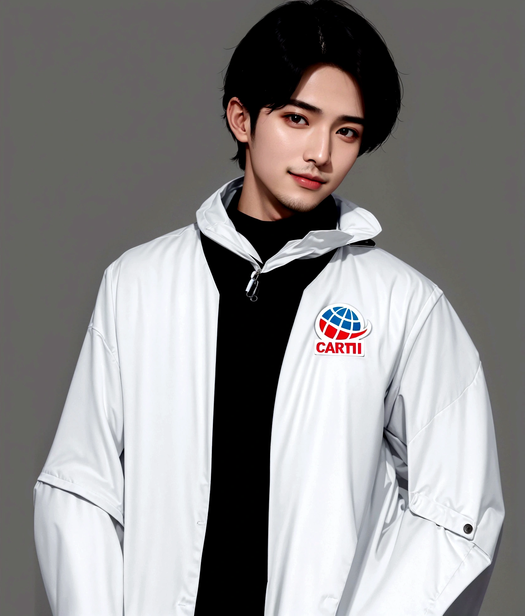 big Smiling man, Arabic style image of a man wearing a white jacket and black tie, wearing space techwear, Profile shot, Cai Xukun, Model is wearing a technical vest, Won Bin Lee, Official product photos, xqc, Official product images, Official photos, Official photo, cyber future jacket, Official store photos, Official Art, Shin Jinyoung, Inspired by Zhang Han
