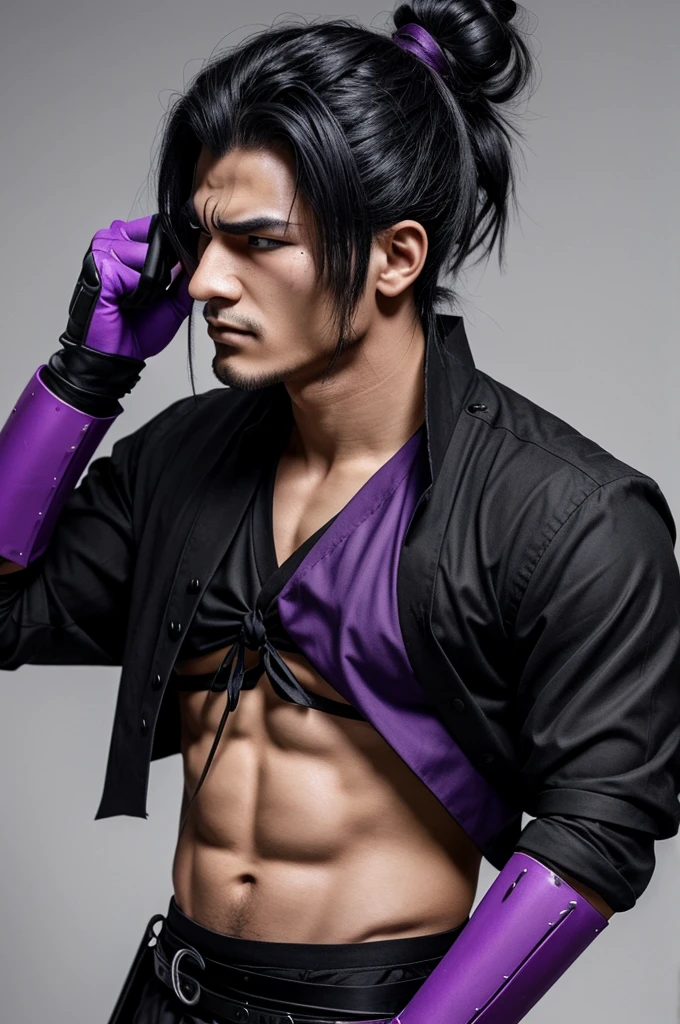 They have dual wield Nichirin katanas and have black, messy hair that’s tied into a low bun. His bangs in the front are swept to the side. He has sort of bushy eyebrows and dark, purple eyes. He has a scar on his left cheek, going from his jaw to his eye, and a mole under his left eye. There uniform is the standard uniform they give the demon slayers with a black and purple haori . He also wears black gloves on his hands.