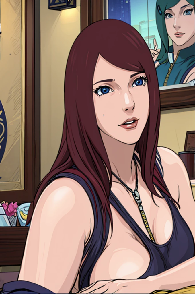 Kushina as a sexy female escort in a bar serving males,milf,thich body,perfect face,perfect eyes