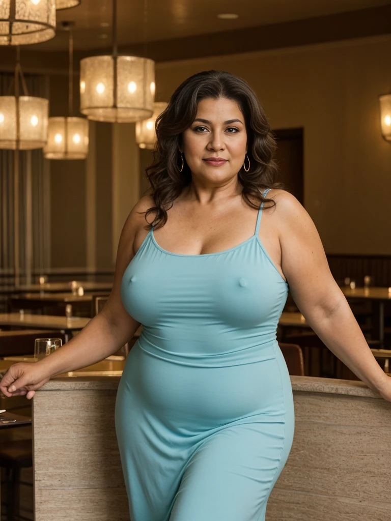 RAW PHOTO, her name is Alejandra, high quality, 1 old woman, ((58-year-old plus sized body latina woman)), (((58 years old))), ((plus sized)), (((chubby body))), ((wrinkled body)), (((old body))), ((long hair)), wearing stylish fashionable elegant dress different colored, POSE: dynamic pose, BREAK, BACKGROUND: indoor: restaurant, film grain
