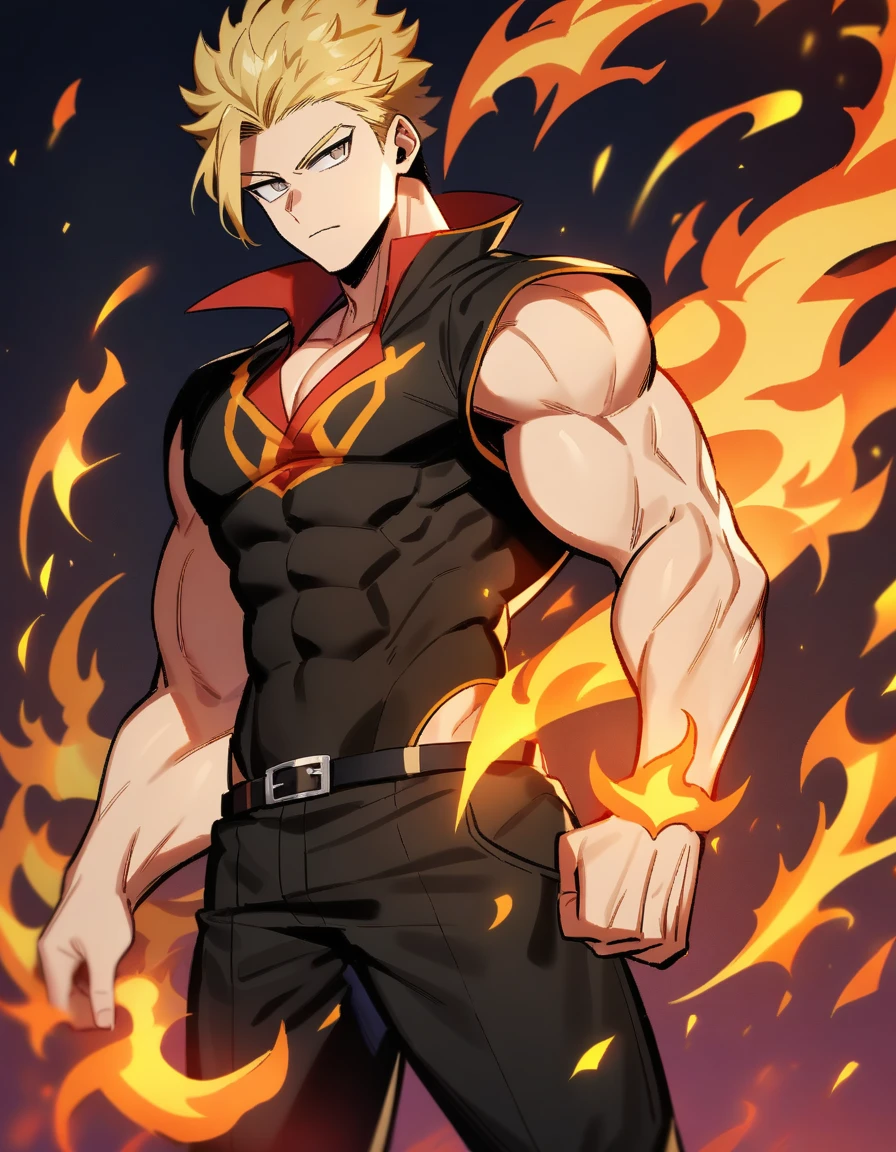 Meisterwerk, Top quality, 16K UHD, Stehen, 1 male fire genasi with orange skin, Feuer Zauberer, kein Oberteil, Free upper body, Sixpack-Muskeln, muscular physique, elegante schwarze Hose, feuriges brennendes Flammenhaar, Feuermagier, a swirling fireball hovers above his left hand, Magische-Kulisse, selbstbewusste Pose, devilish smile. Hochdetaillierte Gesichts- und Hautstruktur, detaillierte Augen, eckige Augenbrauen, Bernsteinfarbene Augen mit Funken, fine facial features, chiseled jawline, Shiny orange skin with smoky undertones