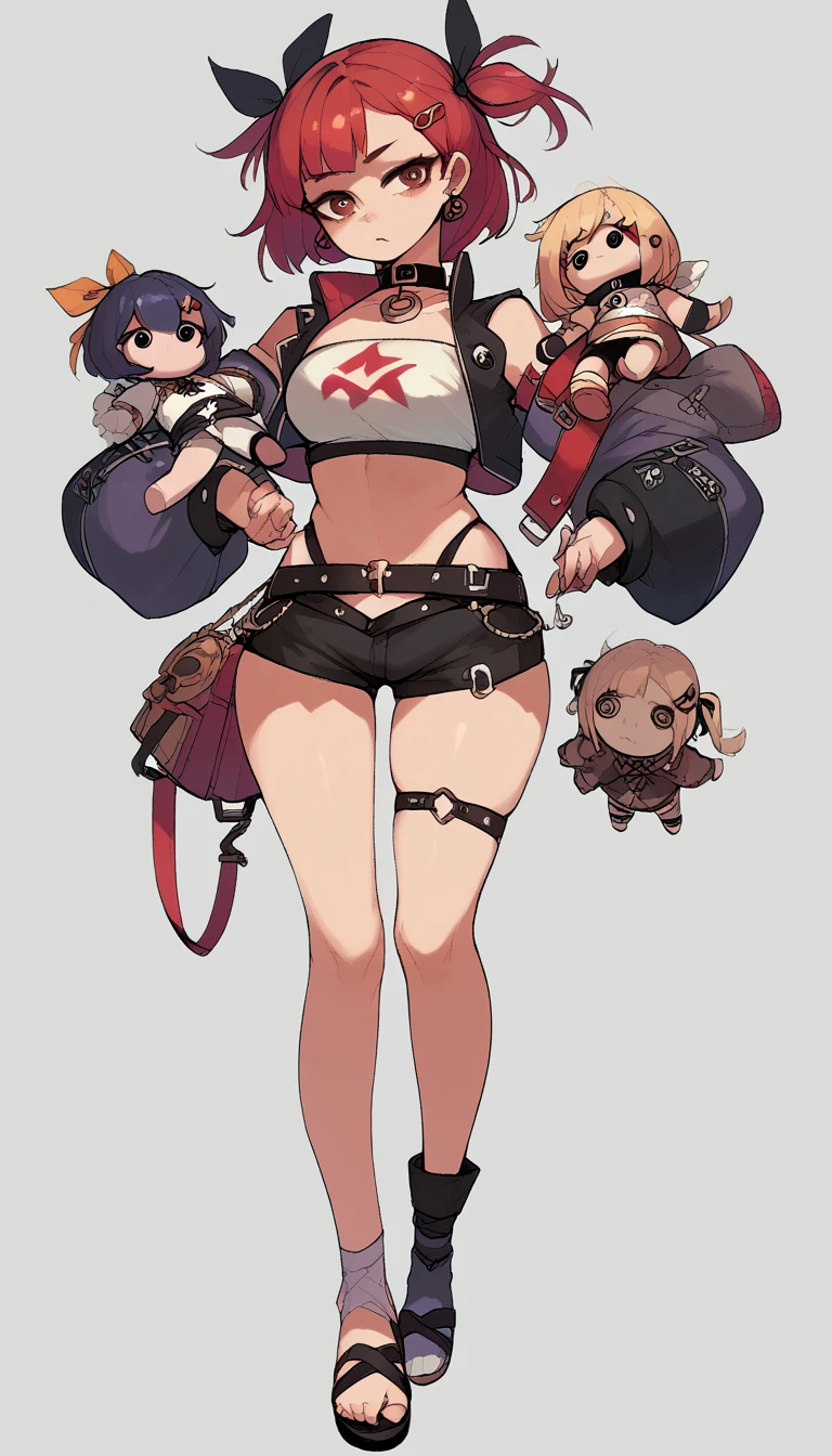 tube top, single thighhigh, short shorts, cropped jacket, sandals, hair ribbon, hairclip, earrings, single sock, high belt, thigh strap, detached sleeves, doll, black collar, 