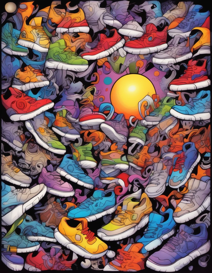 Skottie Young Style - hiphop moon drawn and colored with markers cheo bristol art style
A background completely filled with scattered sneaker in various sizes and colors, covering the entire screen.
characterstey