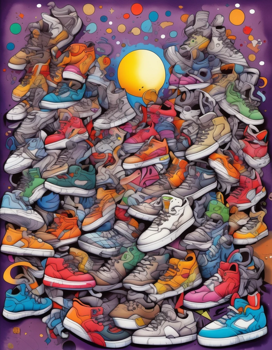 Skottie Young Style - hiphop moon drawn and colored with markers cheo bristol art style
A background completely filled with scattered sneaker in various sizes and colors, covering the entire screen.
characterstey