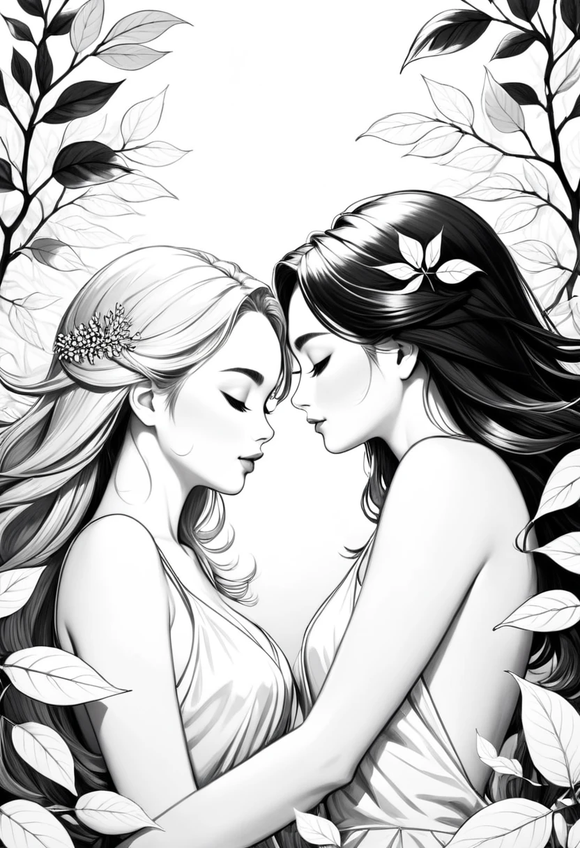 drawing of linha fina sem sombreado e sem áreas pretas, drawing of "
perfect love ", On white background, monochrome, black andwhite, no shadows, white background, clear leaves, white sheets, light white leaves