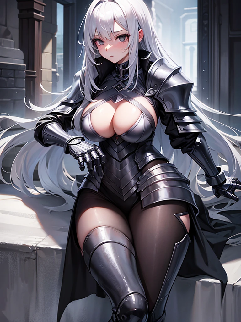 silver long hair girl, black eyes, extra large breasts, Sexy knight armor, Age 18, human