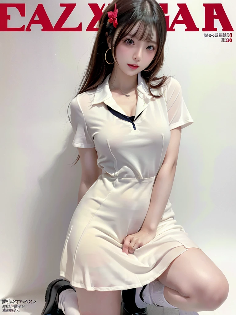 (((White Background 2.0)))、((High key portrait 1.3))、Professional Lighting、(((Professional Lighting 1.5)))、(Translucent skin texture))、Beautiful Skin、Fair skin、(((Whitening 1.5)))、((Schoolgirl uniform 1.5))、See-through 1.5、High leg、Mid-shot photo、Simple earrings and necklace、(((ファッションMagazine Cover 1.5)))、(((Magazine Cover 1.5)))、Lots of photos 1.3、Lots of Headlines 1.3、(((sex appeal1.5)))、大人のsex appeal、sex appeal、sexy、Ecstasy、Always look at the audience、Kneeling