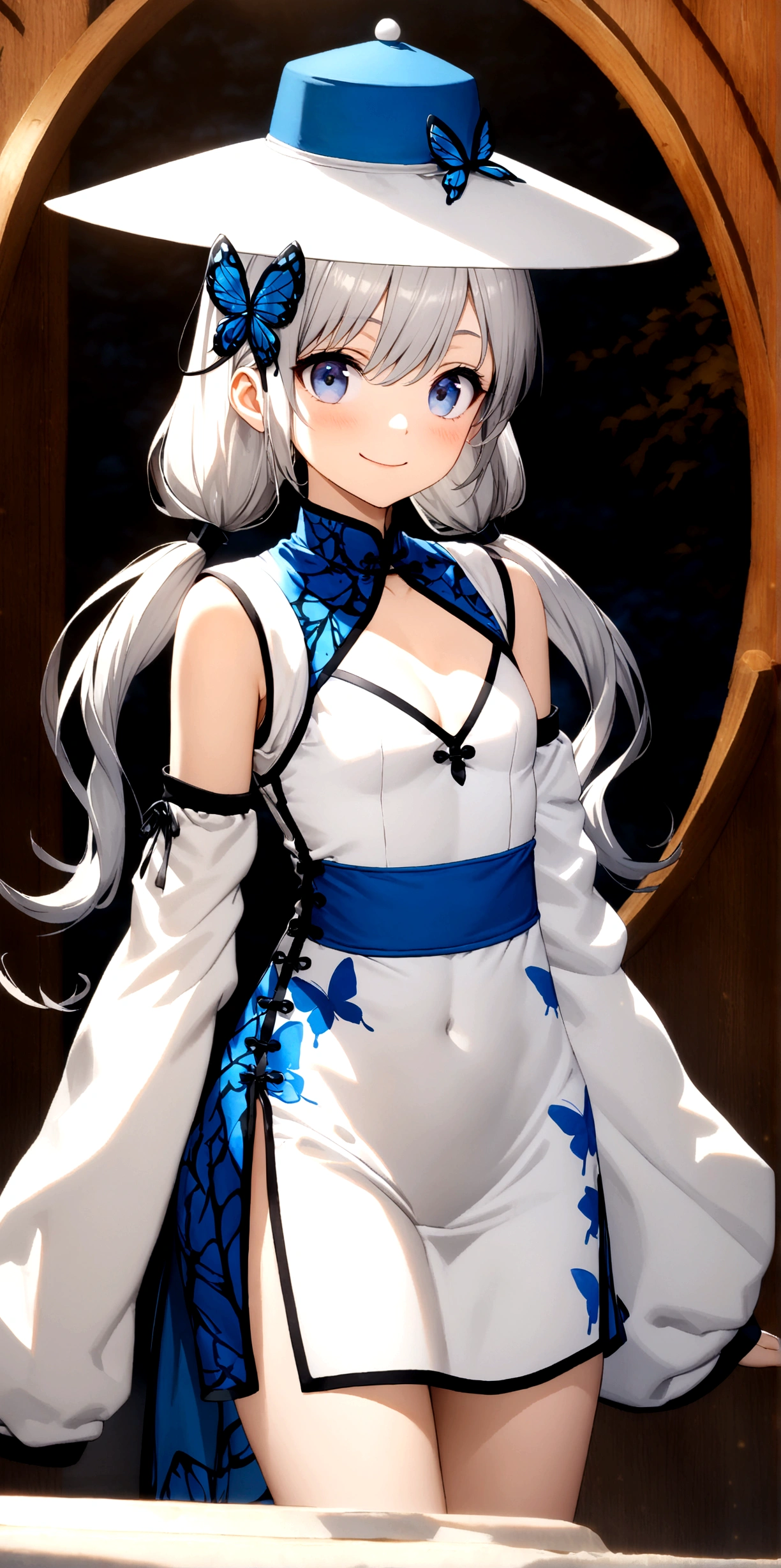 ((32k)), ((best quality)), ((ultra high res)), ((HDR)), ((UHD)), ((extremely detailed CG)), ((unity 32k wallpaper)), ((illustration)), ((cool girl)), ((18 years old)), ((silver hair)), (((long low twintails))), ((blue eyes)), (((medium chest))), ((cleavage)), (((china dress))), (((white china dress))), (((Butterfly patterned China dress))), (((china hat))), (((sleeve))), (((Butterfly shaped hair ornament))), (((chinese style background))), (((smile))), ((cowboy shot)), ((from front)),