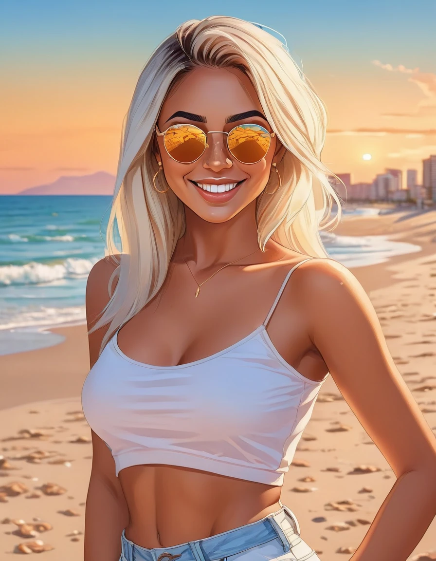 Beautiful latin american woman with tanned skin, freckles, Platinum Blonde hair, wearing a white crop top, minishorts, sunglasses on top head, (1 Girl), (adult woman), (Full Body), Beautiful face, smiling, Taking a selfie pose, standing on a beach, (Sexy Pose), ((Perfect face)), ((hyper bronze skin)), ((tan skin)), natural light, beautiful lighting, beautiful colors, semi realistic style, ((Beautiful detailed eyes)), ((Beautifull detailed face)), ((high detail)), ((High Definition)), (Flat Colors), (Celshading), (Illustration style), ((Lineart)), ((Perfect Lines))