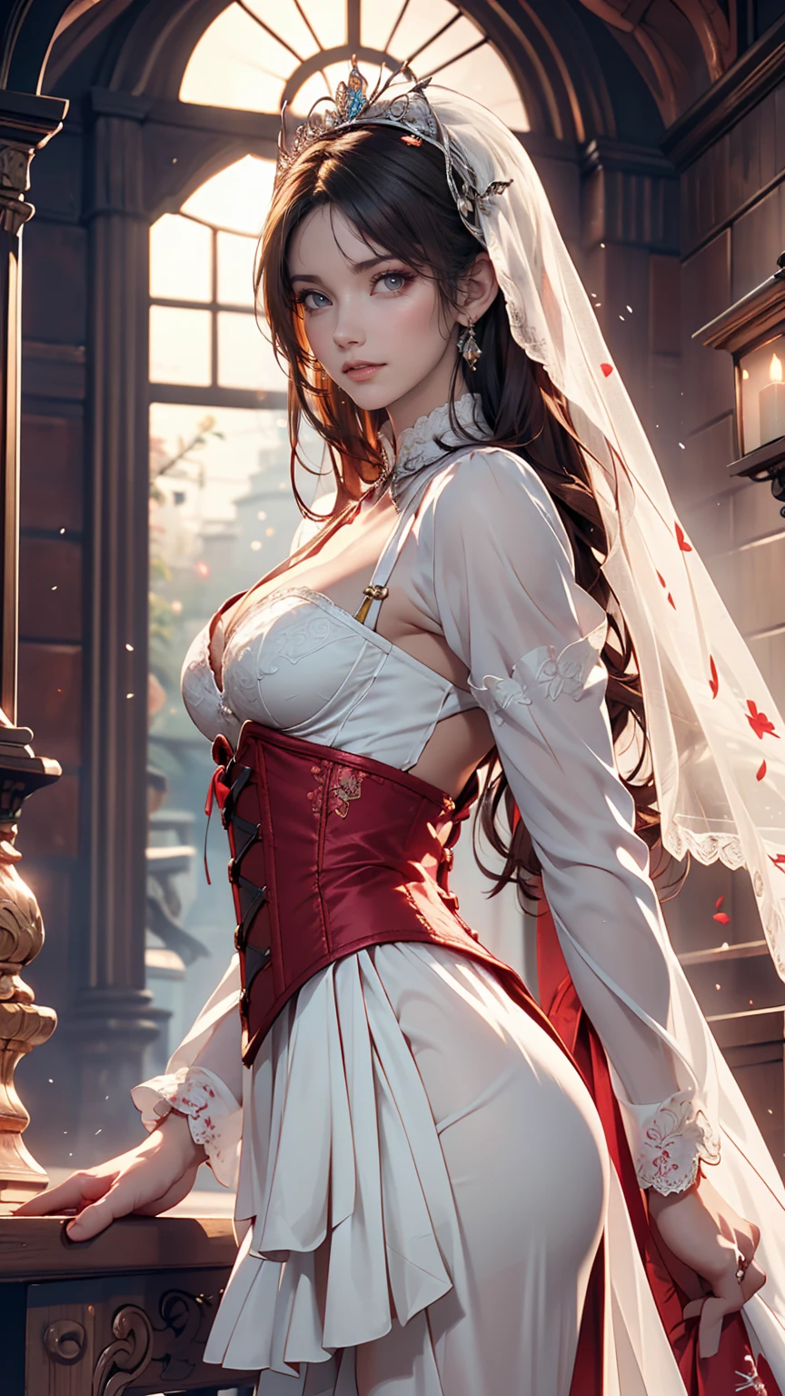 ((Highly detailed CG Unity 8k wallpaper)), masterpiece, Super detailed, floating, High resolution, Sexually suggestive, (small, Extremely long white hair, Princess, White Mage, blue eyes, (It has long, wide sleeves and intricate embroidery.、A gorgeous layered long dress in white and red with a sheer look), Bridal Veil, Circlet, Bridal Gauntlet, Blushing, shy, arched back, Frilled petticoat, Glamorous corset,Sexy proportions、Sexy、A mask used at masquerade balls that covers only the eyes、Bright red lipstick、Bewitching Smile