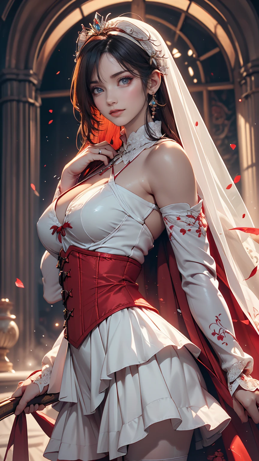 ((Highly detailed CG Unity 8k wallpaper)), masterpiece, Super detailed, floating, High resolution, Sexually suggestive, (small, Extremely long white hair, Princess, White Mage, blue eyes, (It has long, wide sleeves and intricate embroidery.、A gorgeous layered long dress in white and red with a sheer look), Bridal Veil, Circlet, Bridal Gauntlet, Blushing, shy, arched back, Frilled petticoat, Glamorous corset,Sexy proportions、Sexy、A mask used at masquerade balls that covers only the eyes、Bright red lipstick、Bewitching Smile