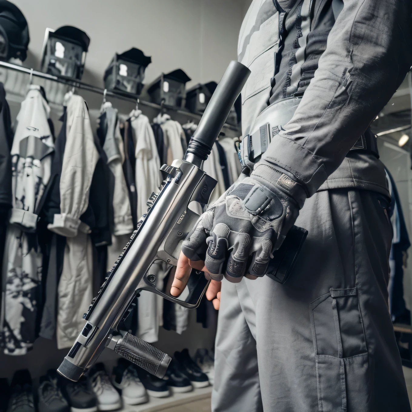 picture from behind, a man combing his hair, the man's hair is cut in side bangs, the man is wearing a gray paintball uniform, the background is blurry in a changing room, a paintball costume decorated in gray, realistic, cinematic, very detailed, intricate design