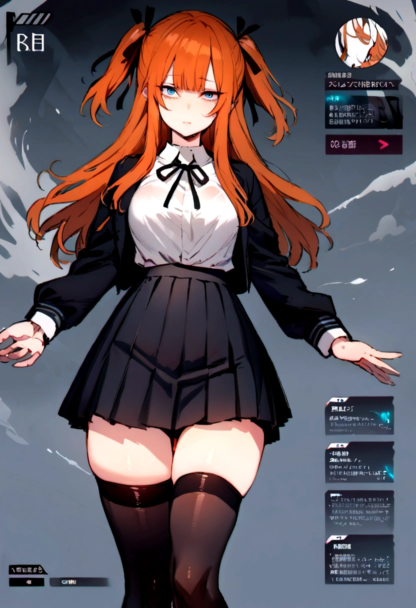 (masterpiece), best quality, expressive eyes, perfect face, 1girl, solo, blue eyes, dark orange Hair, Loose hair, hair ribbon, long hair, black ribbon, sidelocks, bangs two side up, black skirt, black thigh-highs, long sleeves, miniskirt, pleated skirt, white blouse, tigh-highs, character sheet, full body, looking at viewer,