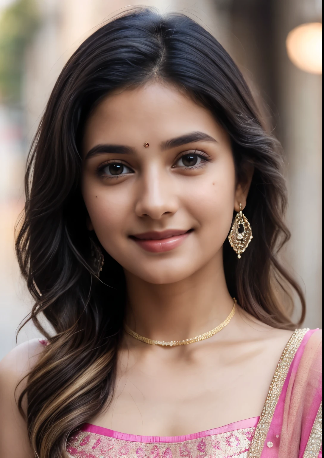 (((desi indian young 15 aged girl))), 15 years girl, cute and pretty face, natural skin, wearing hot deep neck pink top and dupatta, charming black hair, ((hair ends are blonde)), city streets background,(wearing simple jewellery), super Round Young Breast, Pretty cute Navel, Soft Ovel Navel, Slender girl, bright light, long_hair, Bokeh, indian ,tree branch, colourfull,pink princess dress((choli:1.2,short:1.1), smile, pretty, cute, 4k, 8k, CG unity 8k wallpaper, depth of field, ray tracing, perfect figure, sweet round breasts, romantic Eyes, Romantic smile, Romantic Standing Angle, stylish curved angle, one hand on hip angle, Bright skin, glow face, glow skin,