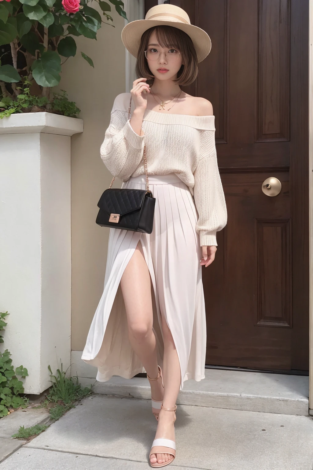 (1 woman), short bob, 28 years old, Japanese, brown eyes, brown hair, slim figure, flat chest, rosy cheeks, flushed face, Headphone:1.4
BREAK
//FASHION
The Tech-Savvy Fashionista
This outfit is designed for the tech-savvy modern woman who loves to be constantly connected to the internet. The key piece is a trendy pair of wireless in-ear headphones in rose gold, paired with a casual yet chic outfit. The top is a fitted off-the-shoulder knit sweater in soft pastel pink, tucked into a floral high-waisted pleated midi skirt.
BREAK
Footwear includes low-heeled strappy sandals, perfect for going out. Accessories include a rose gold smartwatch, a delicate layered necklace. To complete the look, add oversized round glasses and a stylish hat for an effortlessly chic outfit perfect for a day at the park or coffee shop.
BREAK