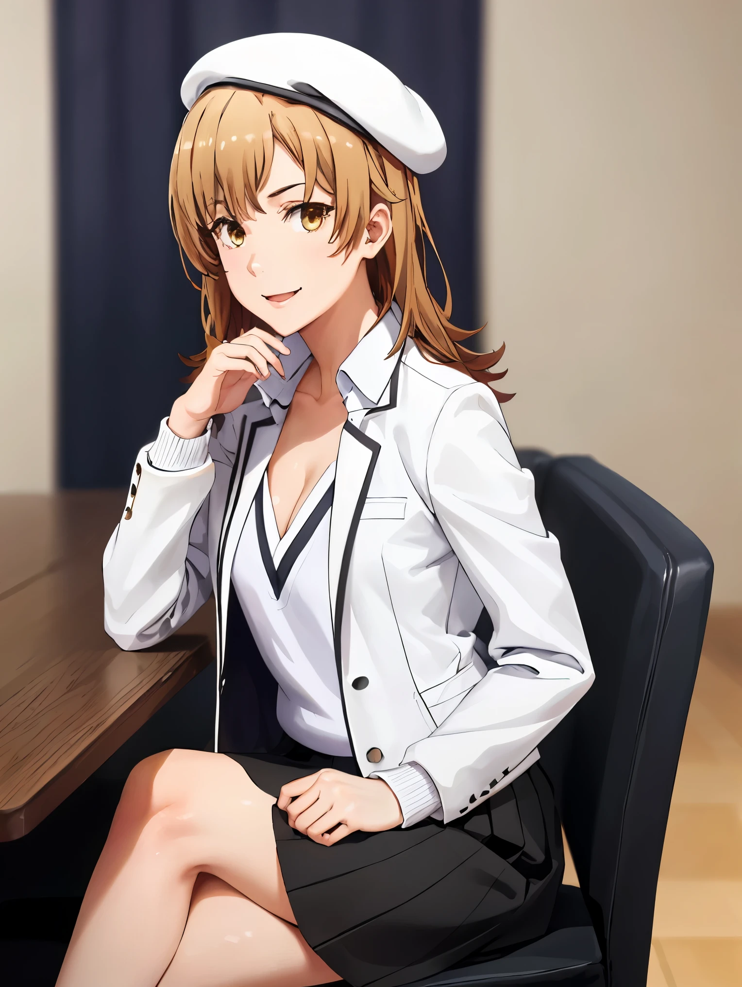 irohaisshiki, iroha isshiki, long hair, brown hair, (brown eyes:1.5), 
BREAK (white headwear, white jacket, black sweater, black skirt:1.2), 
BREAK He opened the collar of his shirt to show his cleavage...,smile, smile, open your mouth,smile, sitting cross-legged on a chair,Make sure the whole body is included in the illustration,
BREAK ((top quality, 8k, masterpiece: 1.3, ultra hd, high quality, best quality, high definition, realism)), sharp focus: 1.5, Beautiful woman with Slim body, (perfect hands, perfect anatomy),