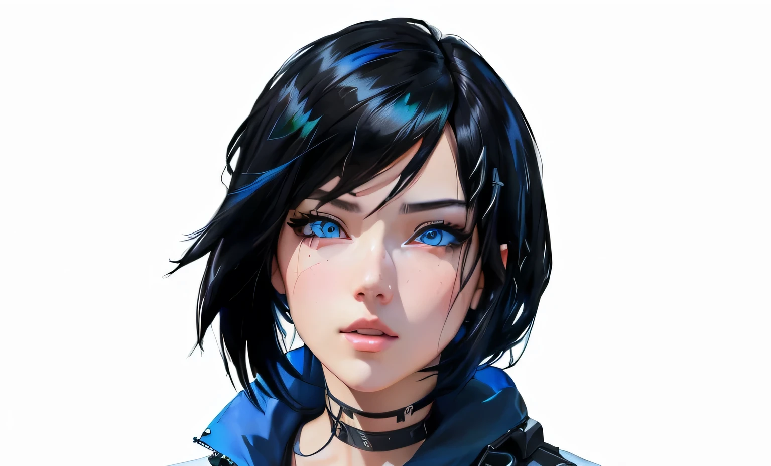 Anime girl with blue eyes and black hair with choke., 4K anime style, realistic anime art style, mirror border art style, jet black haired cyberpunk girl, digital animated art, anime style digital art, Extremely detailed artistic germ, awesome anime face portrait, photorealistic render of anime girl, detailed portrait of anime girl, art germ portrait, Ross draws a portrait