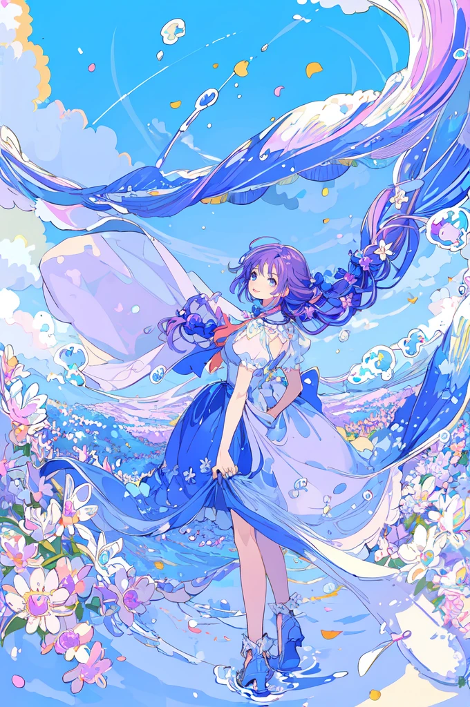 (masterpiece:1.2), best quality,PIXIV, 
fairy tale style, 1girl, cloud, solo, sky, purple hair, flower, bubble, blue sky, long hair, outdoors
 