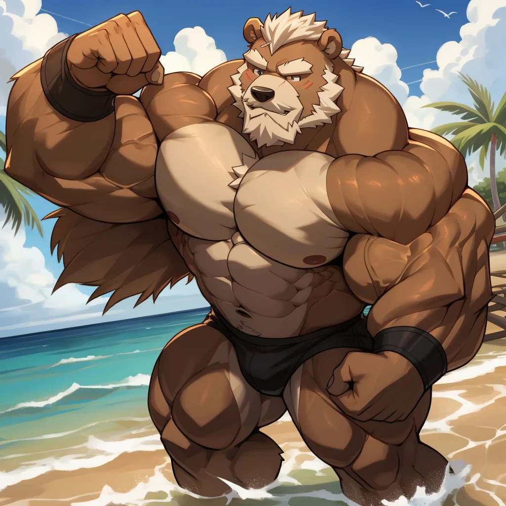 Solo, 1boy, a huge muscular furry Grizzly bear old man, pumping, at Muscle beach, huge shoulder muscle, shirtless, muscle, strong man, strong bear, huge muscle, short hair, bearded, mustache, white hair and beard, massive body, black swim trunks, heavy brown fur, wristbands, wrinkles, strong muscle, strong and brave, masterpiece, massive muscular, five fingers, correct anatomy, commission for high res, male, good art, tropical art, very very beautiful art,