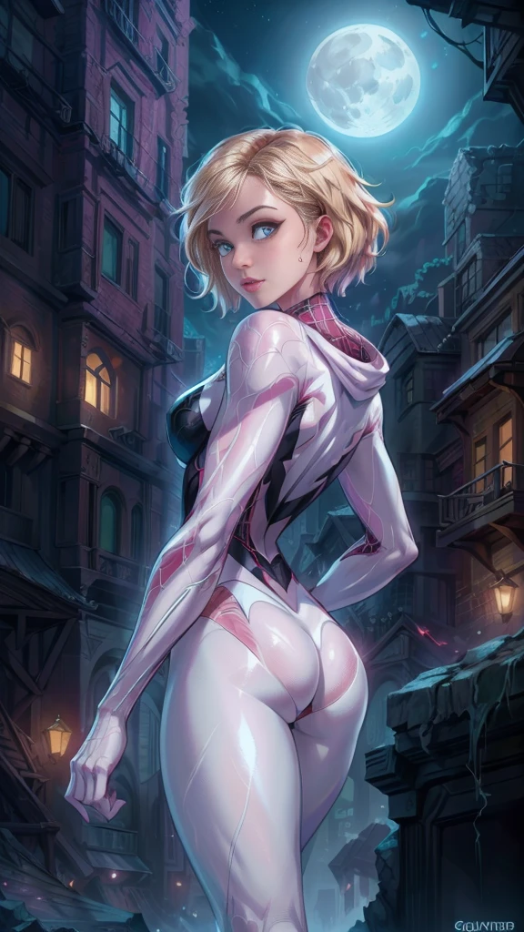 (back view, back view),(La Best Quality,A high resolution,ultra detailed,actual),Spider-gwen standing in a city at night, araña-gwen, araña - gwen, (spider gwen:1.4) , (Gwen Stacy:1.4) ,,(Ruined dungeon ruins background:1.4 ), in the Artgerm Style, Artgerm Style, Artgerm Style, graphic artist artgerm, Betty Cooper, comic germ, en Artgerm Style, as seen on artgerm, Estilo de epic fantasy art HD, 4K fantasy art, epic fantasy digital art style, epic fantasy art style, fantasy woman, epic fantasy art portrait, epic fantasy style, hyperrealistic fantasy art, fantasy art in high definition, Epic fantasy character art.., epic fantasy art, in dark fantasy art style, epic fantasy digital art, (perfect anatomy :1.4),( cinematic lighting :1.4), (the uniform lasts white), 8K more detailed.unreal engine:1.4,UHD,La Best Quality:1.4, photorealistic:1.4, skin texture:1.4, Masterpiece:1.8,first job, Best Quality,object object], (detailed facial features:1.3),(beautiful blue eyes),  (cowboy pose), (face detailed Gwen Stacy :1.4),( Gwen Stacy :V2.1), (Five fingers, four fingers and thumb),(she has a beautiful beautiful ass ), (shiny white tights/shackles:1.4),(bright colors),( big bright moon background :1.4) (perfect anatomy detailed :V2.1), (perfect human fingers :1.4), (face detailed :1.4), (fondo telaraña white trasparente grande :1.4), (UHD, realistic 32k) 