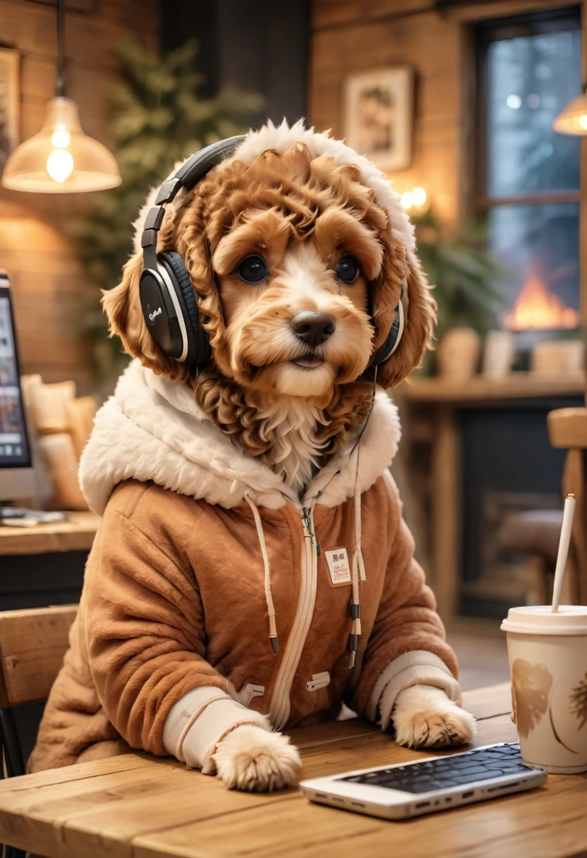 A cute brown Cavapoodle with fluffy fur wearing an urban outfit, one hoodie, and headphones, sitting in a cozy, warmly lit café with rustic wooden furniture and a fireplace in the background. The scene is indoors, intimate, and cozy. Adorable Digital Painting, 3D rendered, soft lighting, warm colors, inside and comfortable