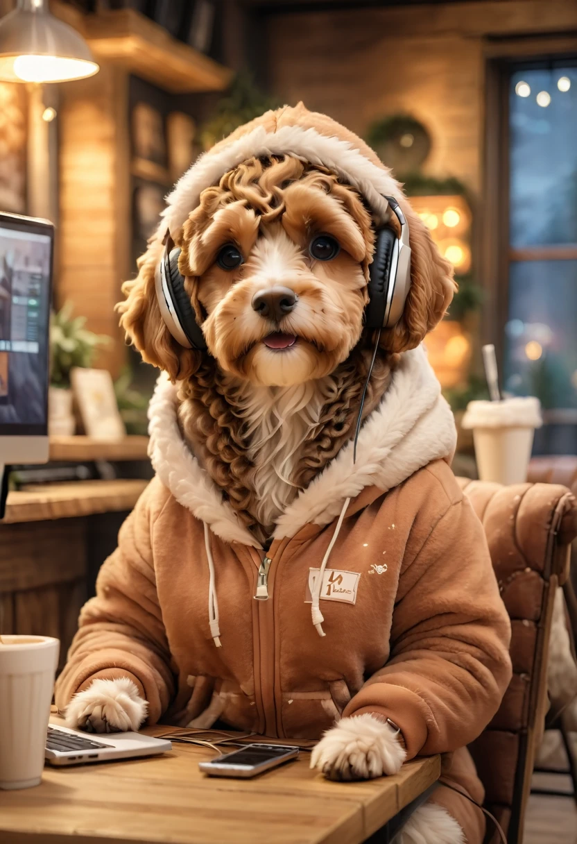 A cute brown Cavapoodle with fluffy fur wearing an urban outfit, one hoodie, and headphones, sitting in a cozy, warmly lit café with rustic wooden furniture and a fireplace in the background. The scene is indoors, intimate, and cozy. Adorable Digital Painting, 3D rendered, soft lighting, warm colors, inside and comfortable
