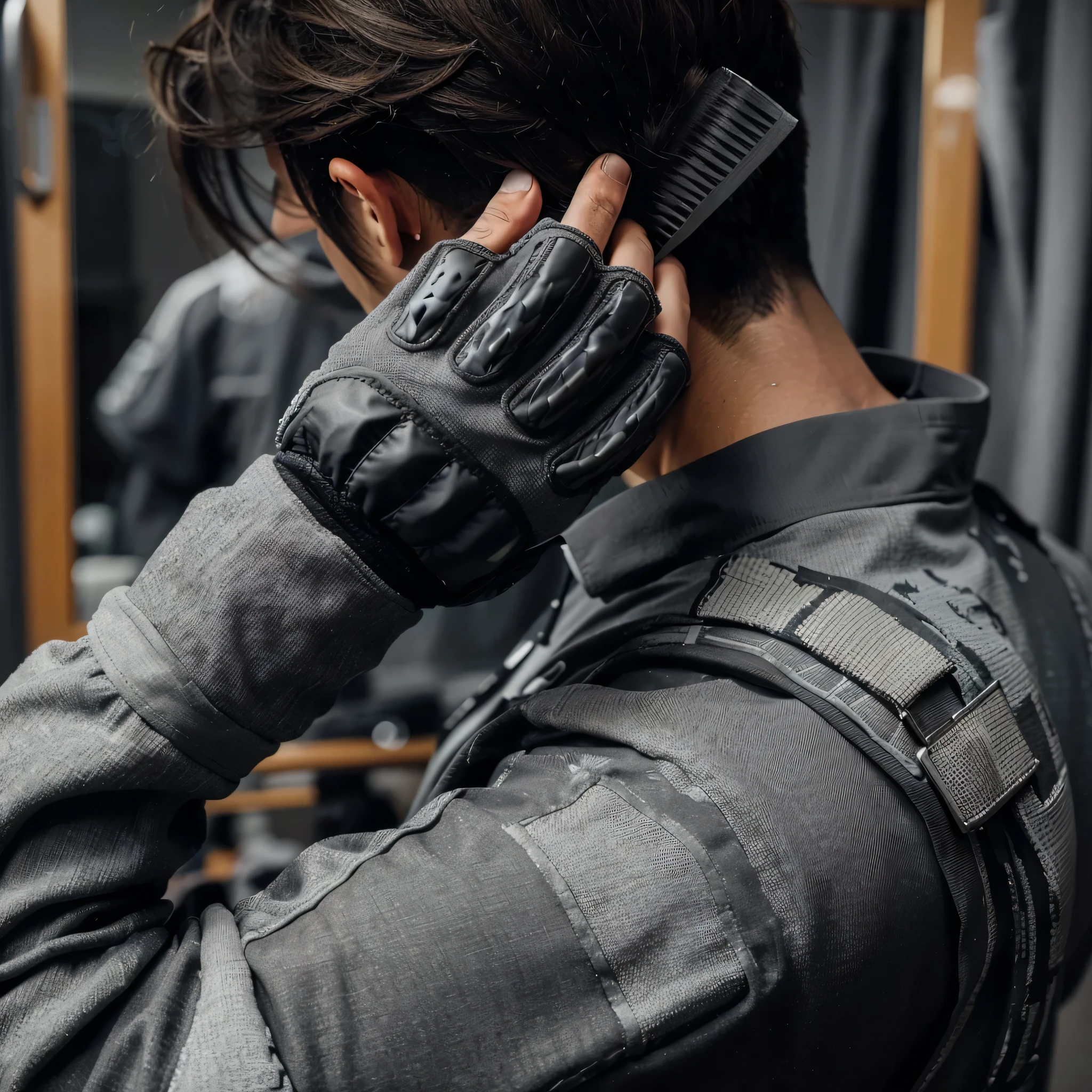 picture from behind, a man combing his hair, the man's hair is cut in side bangs, the man is wearing a gray paintball uniform, the background is blurry in a changing room, a paintball costume decorated in gray, realistic, cinematic, very detailed, intricate design