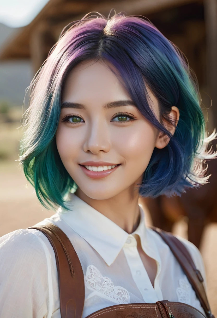 (blue hair:1.4), short hair, realistic green eyes, cobalt hair,  long bob hair, tousled hair, shoulder length hair, Full body, woman with white skin and Asian features, 24 year old, big breast. She has a small, elegant nose with a slight upward curve at the tip. Her lips are full and naturally pink, with a well-defined Cupid's bow. Her teeth are straight and white, enhancing her captivating smile. Her face has an oval shape with high cheekbones that add to her model-like appearance. (crack), detailed (texture!, shine, color!!, flaws: 1.1), highly detailed glowing eyes, (looking at camera), specular light, dslr, extreme quality, crystal clear, cute face, detailed skin pores, oil Dark skin, brown, complex eye details, she is far from the camera, A full-body portrait, captured from a distance. Dynamic Frame, 8K, Best Quality, Realistic, full body Realism, beautiful hairstyle, Dynamic Frame,  a cowgirl riding a horse through a ranch, detailed facial features, intricate cowgirl outfit, detailed leather saddle, dusty ranch landscape, golden hour lighting, cinematic composition, photorealistic, (best quality,4k,8k,highres,masterpiece:1.2),ultra-detailed,(realistic,photorealistic,photo-realistic:1.37),dramatic lighting,warm color tones,cinematic style, (short hair:1.3)