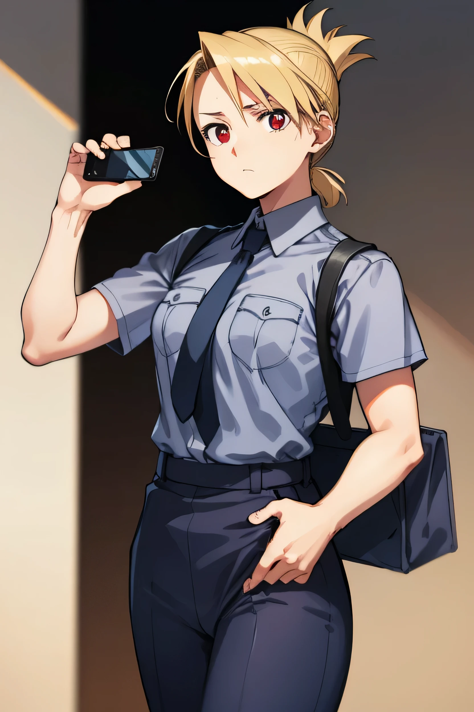 It will happen to you, Riza Hawkeye, Blonde, (Iris:1.5), Folded ponytail, Breaking shirt, Short sleeve, Earrings, pants, uniform, score_9、score_8_up、score_7_up、score_6_up、Source Anime、Pause、 1 woman、solo、policewoman、White Shirt、Pencil Skirt、cell phone、Long Hair、Black Hair、Braid、Red Eye、riding a bicycle、 