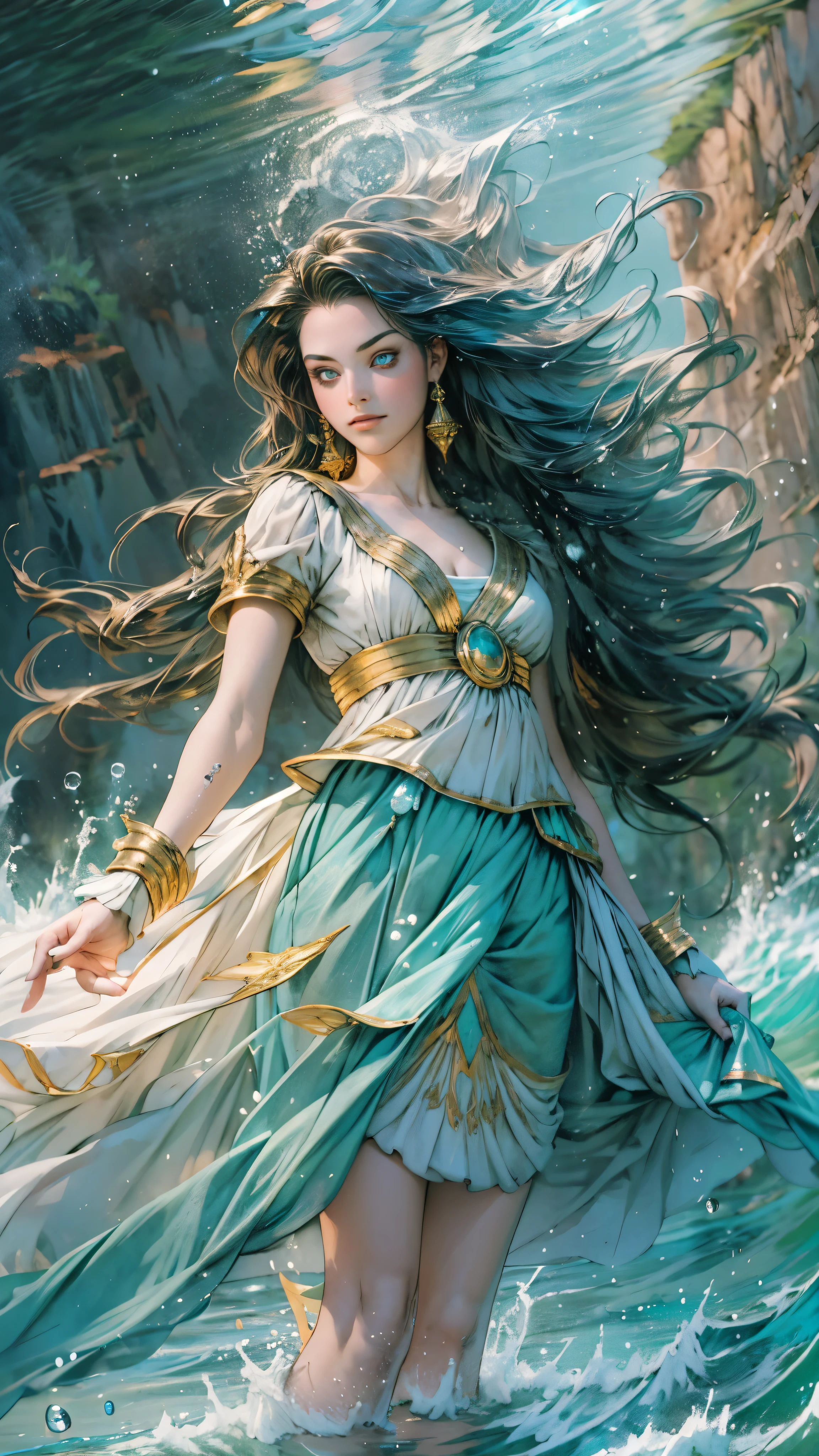 A beautiful woman with cascading waves of long aqua blue hair, exquisite facial features, a melancholic expression, delicate and bright eyes, skin so smooth and radiant, her slender and graceful figure dances like water splashes in the wind, a splendid ethnic islander costume in fantasy style, a short skirt reminiscent of sea waves, her slender legs bounce lightly above the water surface, surrounded by drops that dance in the air, This character embodies a finely crafted anime-style fantasy-style dancer, exquisite and mature manga art style, High definition, best qualityer, high resolution, ultra detali, ultra-fine painting, extremely delicate, proffesional, anatomically correcte, symmetrical face, extremely detailed eye and face, high quality eyes, creativity, CRU photo, ultra HD, 8K, naturallight, cinematic lighting, work of art-anatomy-perfect, work of art:1.5