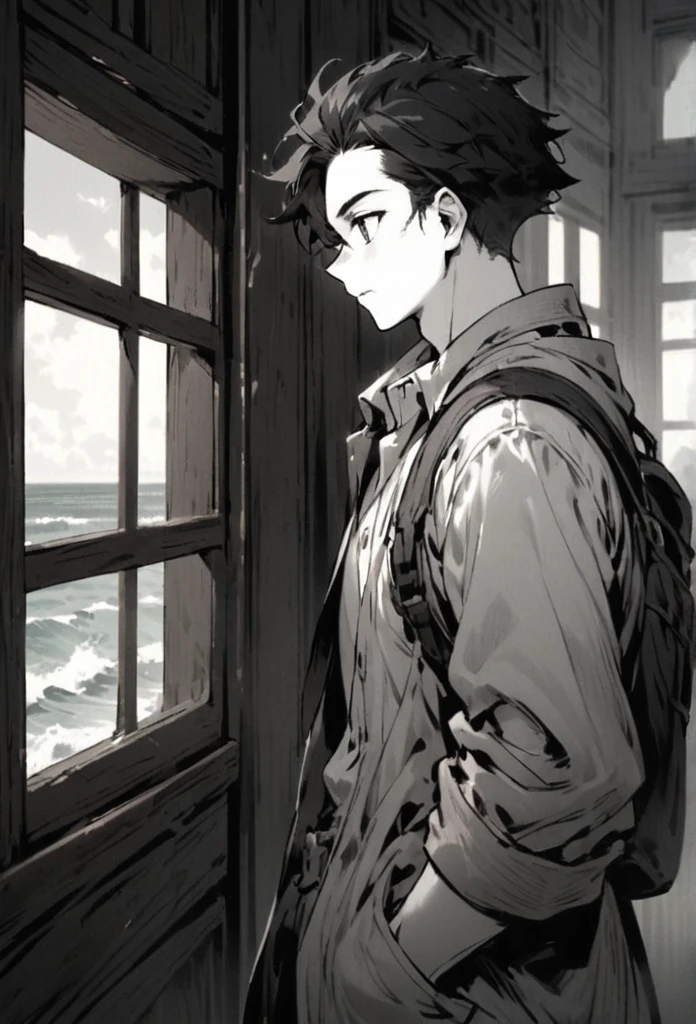 man character, age 26, short black hair, brawny, looking at the coast window, black andwhite