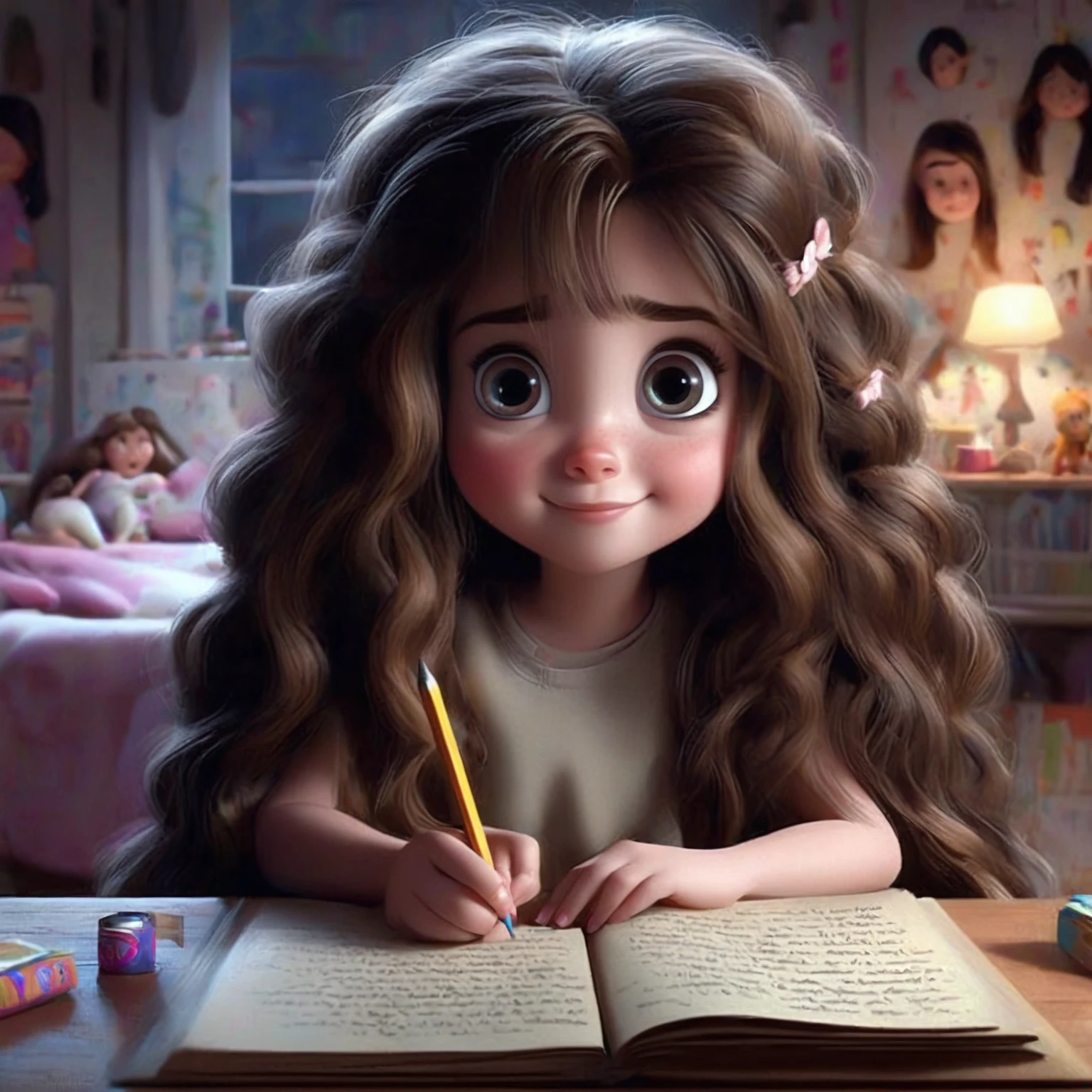 arafed girl with long hair writing a book and a pencil, adorable digital painting, realistic cute girl painting, animation character, cute digital art, cute cartoon character, animated movie, cute 3 d render, cute detailed digital art, realistic cartoon, pixar cute character design, animated film, movie character, cute pixar character, 3 d animated movie, photorealistic disney