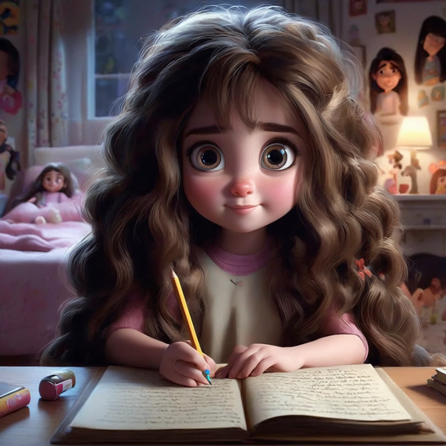 arafed girl with long hair writing a book and a pencil, adorable digital painting, realistic cute girl painting, animation character, cute digital art, cute cartoon character, animated movie, cute 3 d render, cute detailed digital art, realistic cartoon, pixar cute character design, animated film, movie character, cute pixar character, 3 d animated movie, photorealistic disney