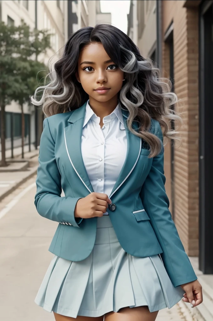 Screenshot of boku no hero academia, beautiful girl with light blue wavy hair,with white eyes,BROWN SKIN, with white blouse,blazer gris,and a dark green skirt