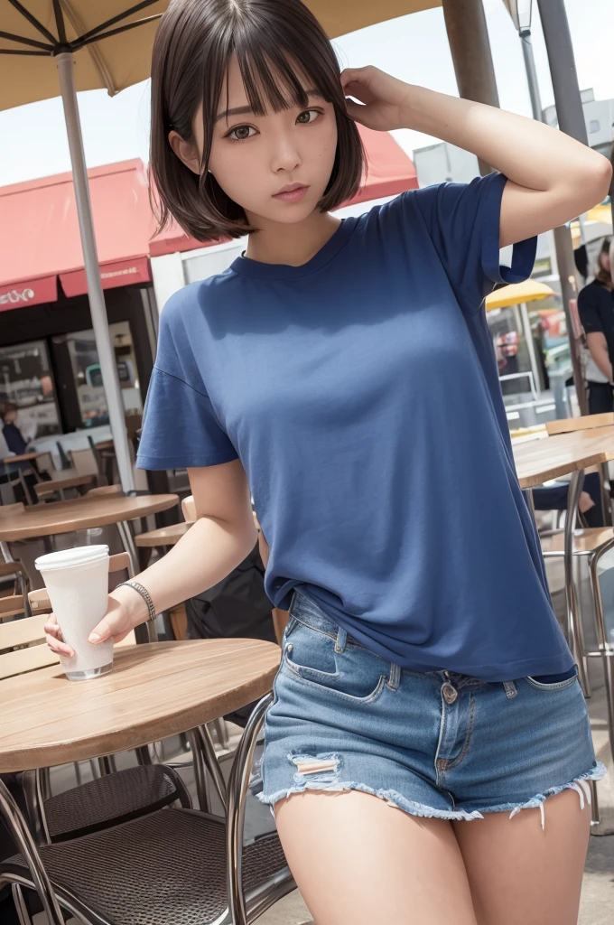 8K, masterpiece, Highest quality, Realistic, Super detailed, 1 Girl, An athletic body, Realistic skin texture, Medium chest, Staring at the audience, Cropped shirt, Skinny T-shirt, Tank top, Down, Down , Micro Mini Skirt, hot pants, Shorts, Cinema Lighting, Face Focus, Beautiful Eyes, Detailed face, Bright Face, Dawn, In the background an outdoor cafe, Low angle shot, Downからの眺め