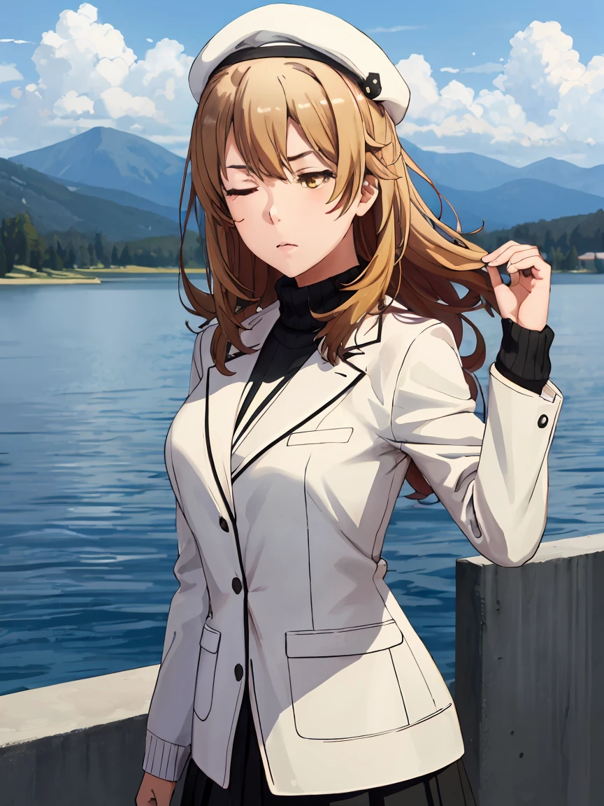 irohaisshiki, iroha isshiki, long hair, brown hair, (brown eyes:1.5), 
BREAK (white headwear, white jacket, black sweater, black skirt:1.2), 
BREAK fishnet, big breasts, mountain, lake, arm behind head, closed eyes, blue sky,
BREAK ((top quality, 8k, masterpiece: 1.3, ultra hd, high quality, best quality, high definition, realism)), sharp focus: 1.5, Beautiful woman with Slim body, (perfect hands, perfect anatomy),