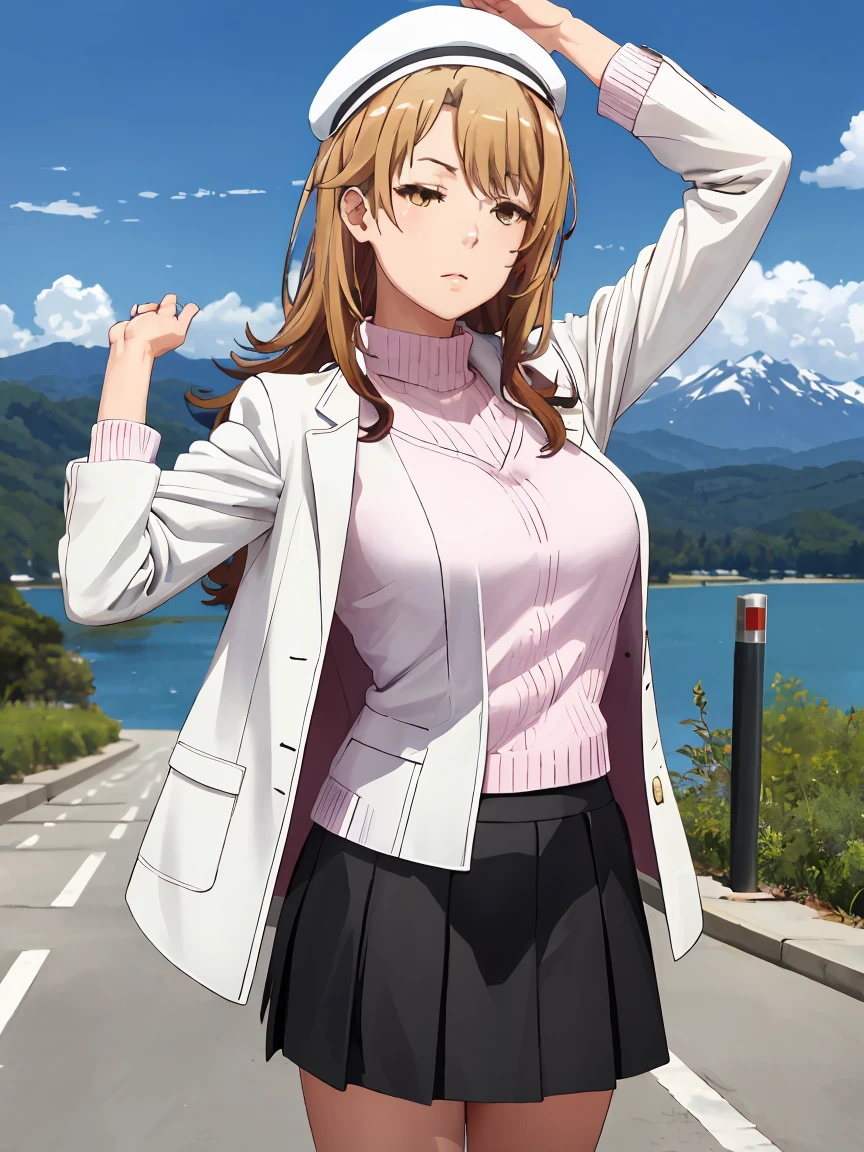 irohaisshiki, iroha isshiki, long hair, brown hair, (brown eyes:1.5),
BREAK (white headwear, white jacket, black sweater, black skirt:1.2),
BREAK fishnet, big breasts, mountain, lake, arm behind head, closed eyes, blue sky,
BREAK ((top quality, 8k, masterpiece: 1.3, ultra hd, high quality, best quality, high definition, realism)), sharp focus: 1.5, Beautiful woman with Slim body, (perfect hands, perfect anatomy),