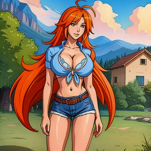 (masterpiece, best quality:1.2), 1girl, solo, denim shorts, boots, midriff, cleavage, front-tie top, tied shirt, belt, underwear showing , orange hair, long hair, navel, ahoge, traditional media, shorts, beautiful long legs, standing