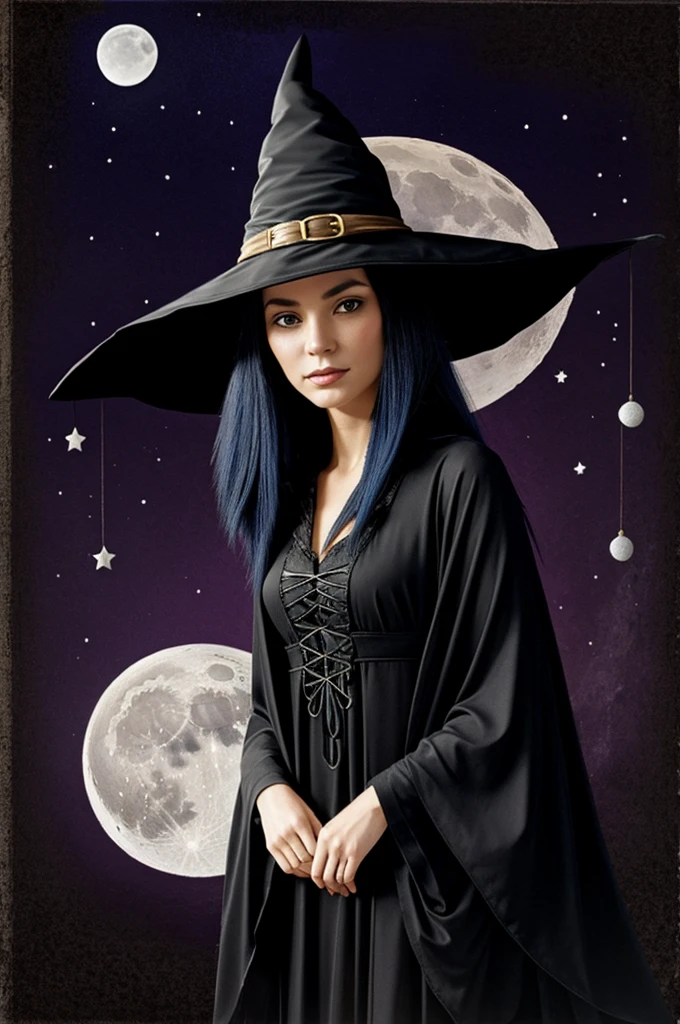 Witch hat with moon, poison and cat style neotraditional