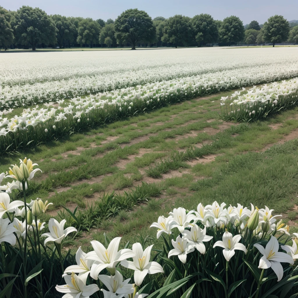 field of finite white lilies with just one tree