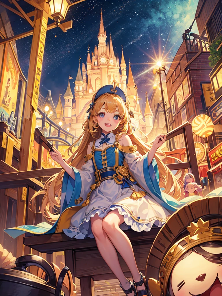 Best picture quality, detailed eyes, long eyelashes, best picture quality, adorable 5 year old girl, sitting at the front of the roller coaster with her friend, laughing hysterically, happy smile, amazingly large sparkling eyes, long eyelashes, long golden hair, neat , friendly and bright smile, lively backgroundThe background is a lively amusement park,
The background is a busy amusement park, pen drawings with light watercolor,