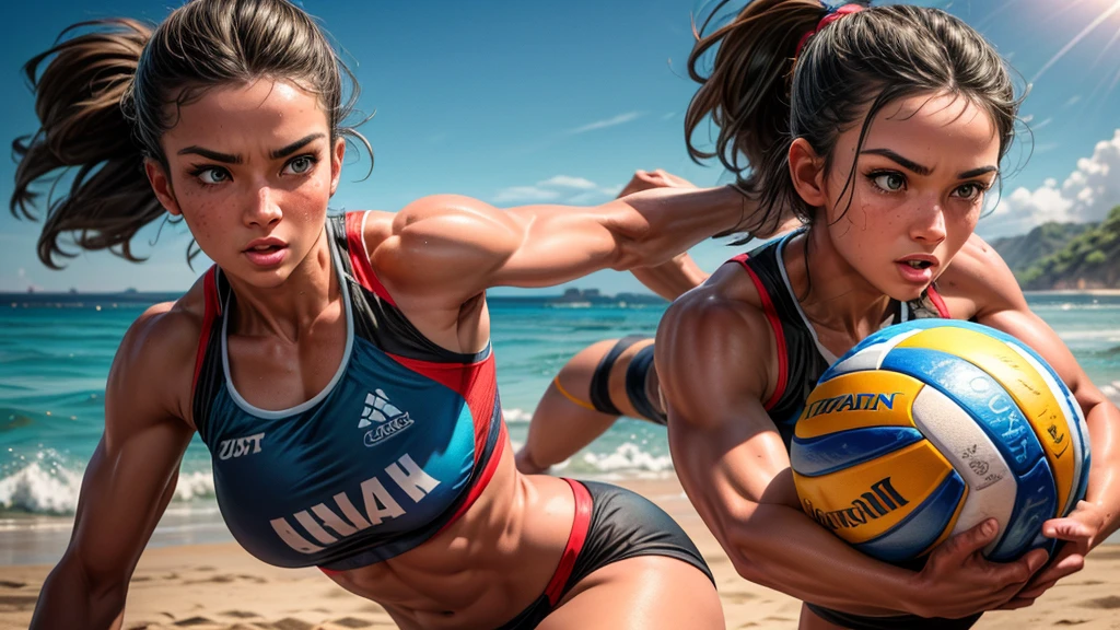 A beach volleyball player attacking the ball,athletic woman,dynamic action,beach sand,blue sky,ocean waves,detailed facial features,beautiful detailed eyes,beautiful detailed lips,extremely detailed face,long eyelashes,muscular body,athletic pose,dynamic action,realistic lighting,vibrant colors,photorealistic,high resolution,8k,best quality,masterpiece