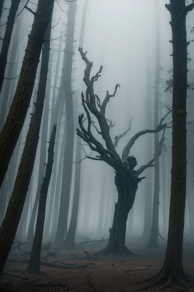 A dead forest with a crooked man inside a fog 