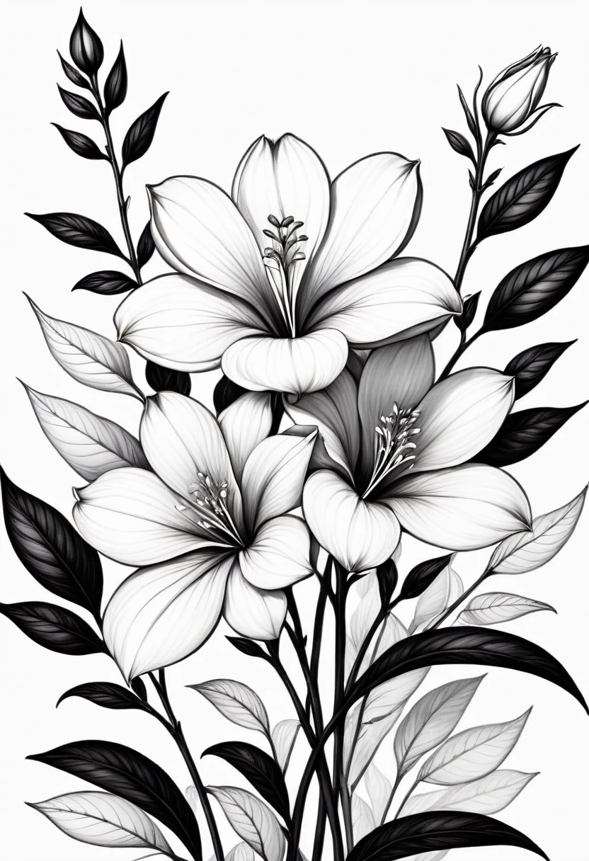 drawing of linha fina sem sombreado e sem áreas pretas, drawing of " flower perfect love", On white background, monochrome, black andwhite, no shadows, white background, clear leaves, white sheets, light white leaves