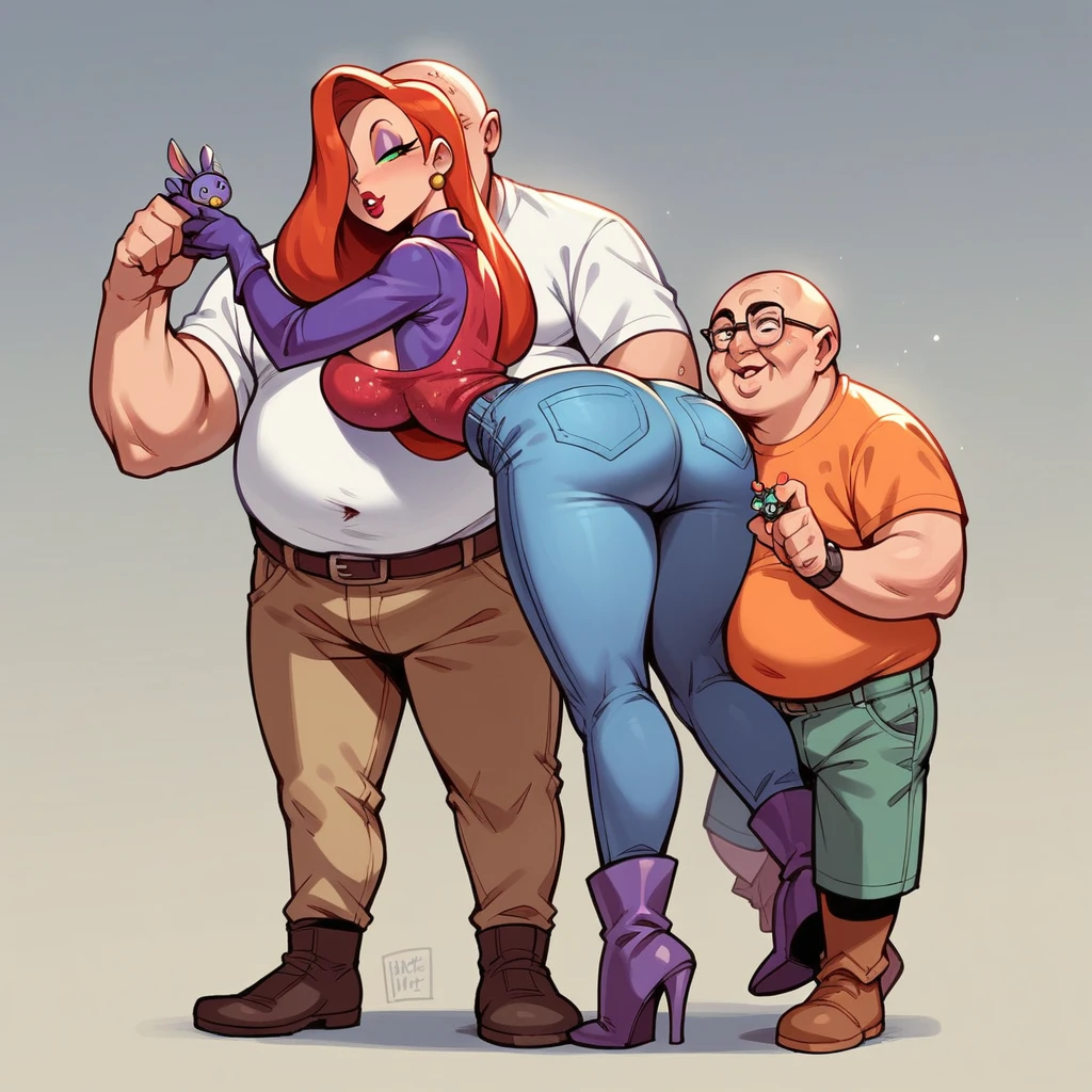 Jessica Rabbit is buying with a fat old man, she has big tits and a big ass, she is wearing top and jeans and long boots, he is wearing a shirt, he is bald, minimarket