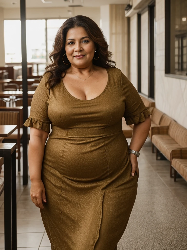 RAW PHOTO, her name is Alejandra, high quality, 1 old woman, ((58-year-old plus sized body latina woman)), (((58 years old))), ((plus sized)), (((chubby body))), ((wrinkled body)), (((old body))), ((long hair)), wearing stylish elegant dress different colored, POSE: dynamic pose, BREAK, BACKGROUND: indoor: restaurant, film grain