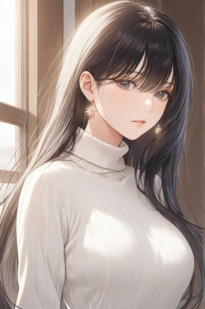 (masterpiece, best quality:1.2), 1girl, solo,mature_lady, delicate face,detail eyes,long hair, floating hair,medium breasts, floating clothes,,White Turtleneck knitted sweater,beside window, earrings